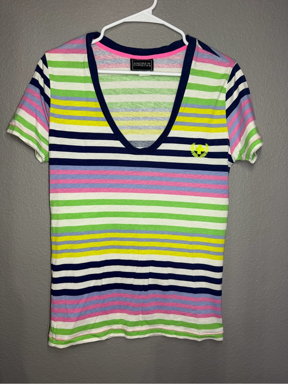 Andrew Christian Neon Stripe V-Neck Tee with Navy Trim